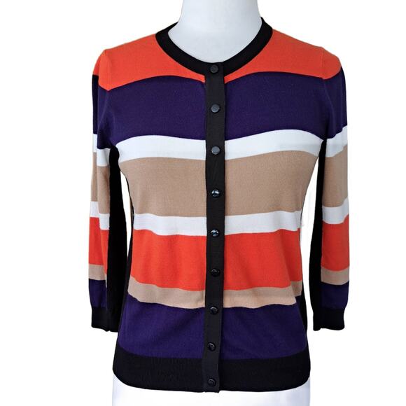 Karen Millen Bold Stripe Knit Cardigan Sweater Medium Purple Orange Tan - Picture 1 of 8